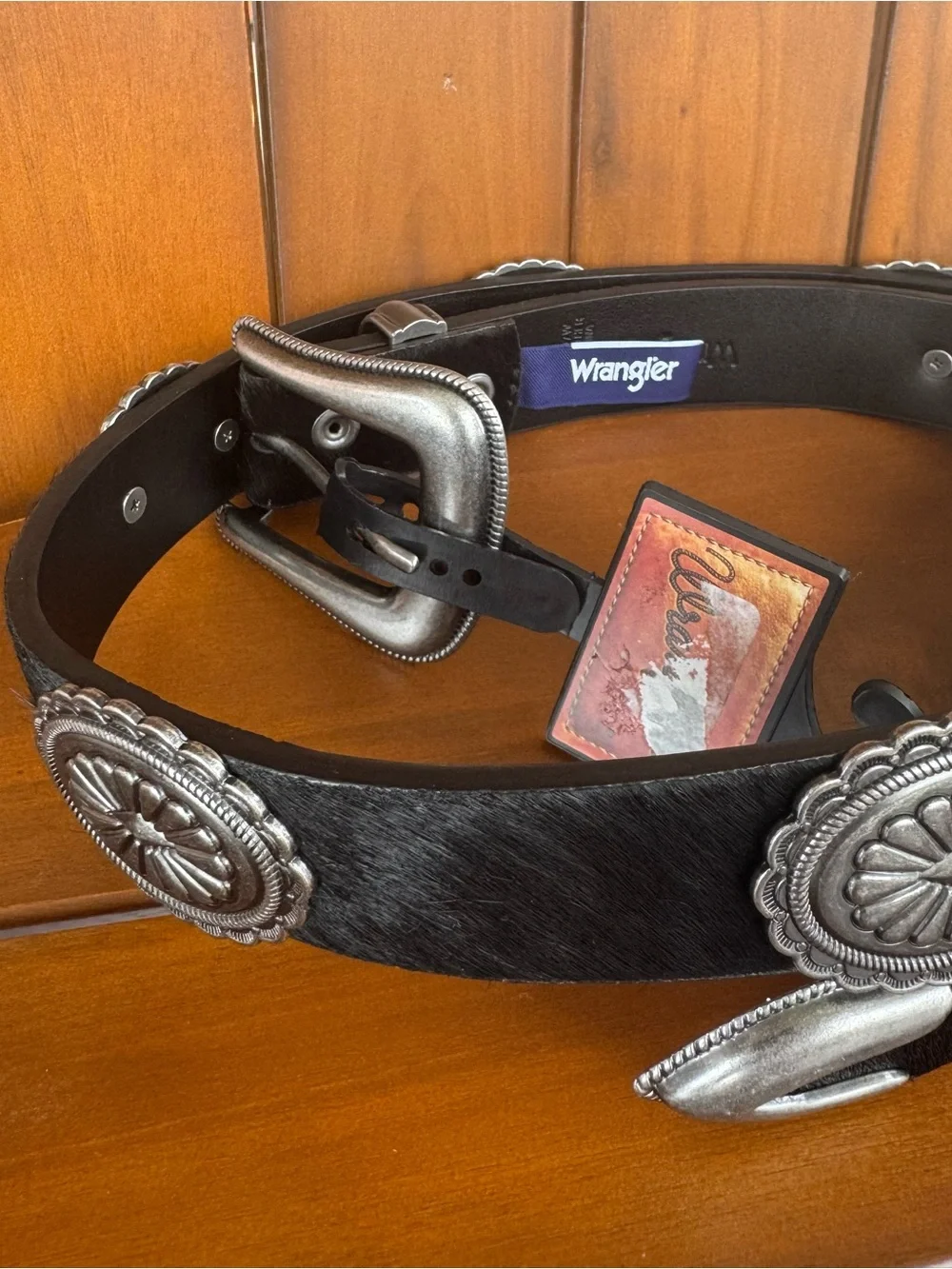 Wrangler Black Hair-On Leather Belt with Silver Conchos new with tag